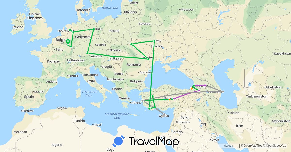 TravelMap itinerary: driving, bus, plane, train, hitchhiking in Azerbaijan, Cyprus, Germany, Georgia, Hungary, Luxembourg, Moldova, Netherlands, Turkey, Ukraine (Asia, Europe)